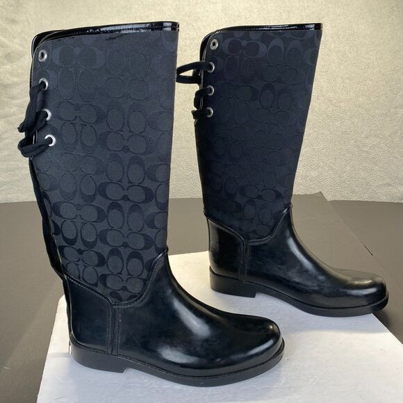 Coach Tristee Lace-Up Corset Signature Print Logo Rain Boots Black Women's 11 B - Picture 1 of 16